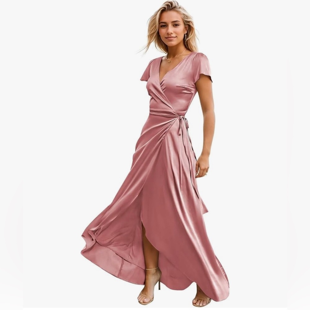 Pink Satin Wrap Bridesmaid or Formal Dress with Cap Sleeves, Slit